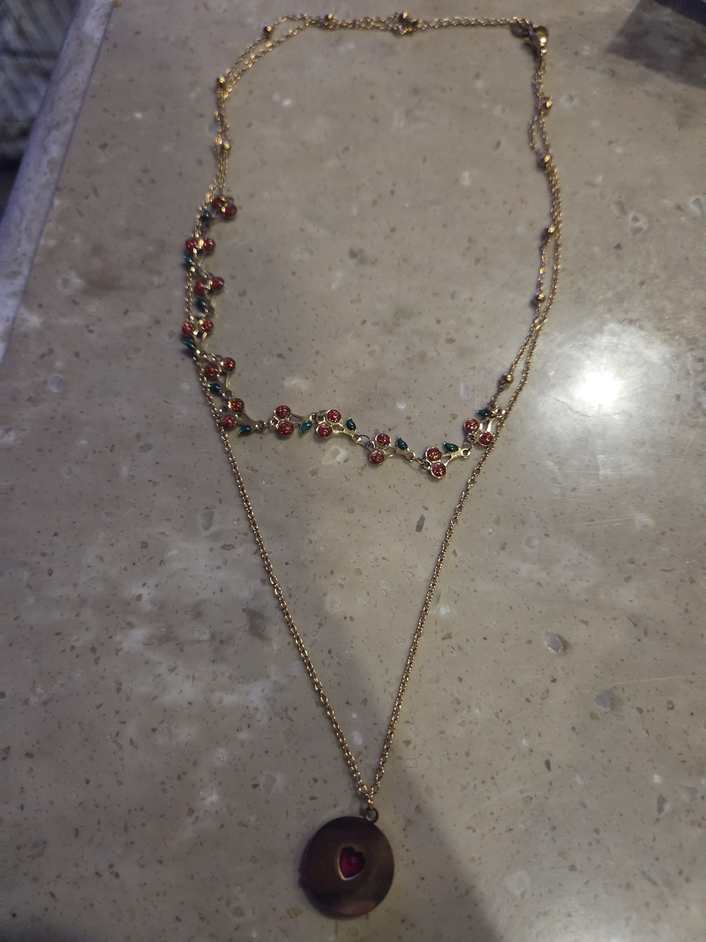 Forever 21 Gold-Tone Layered Necklace with Red and Green Accents